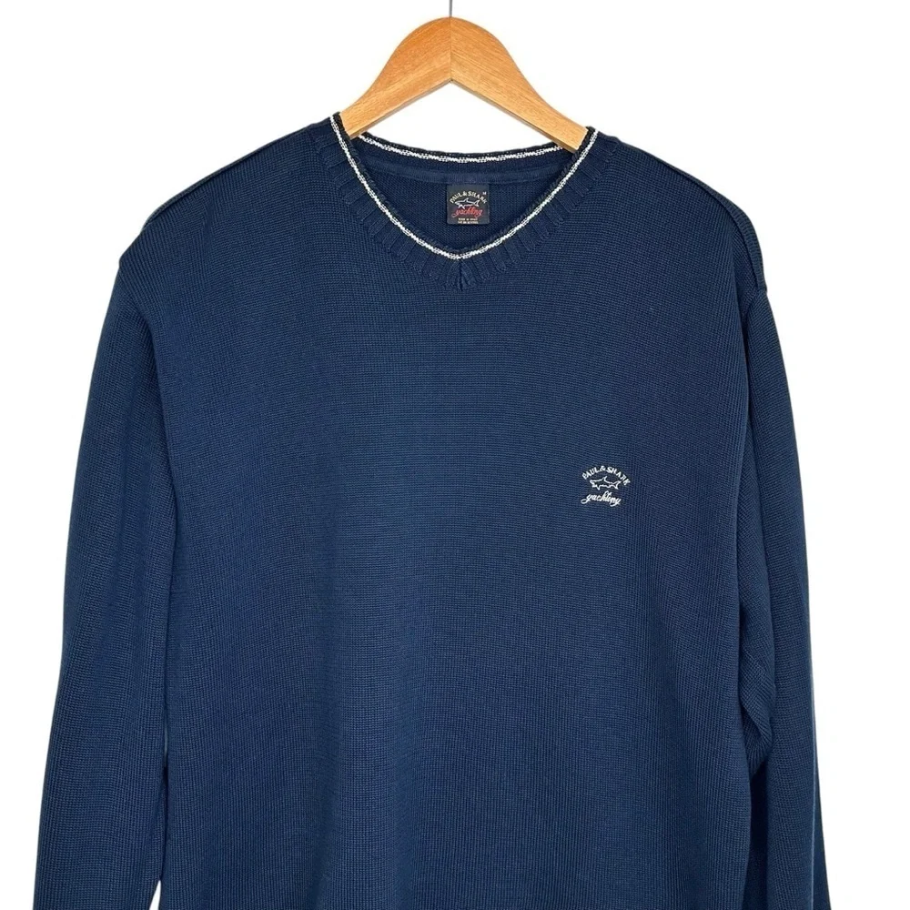 Paul & Shark Yachting Mens V Neck Cotton Sweater Sz Medium Blue Long Sleeve